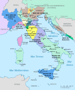 Italia en 1718, antes de la guerra de la Cuádruple Alianza