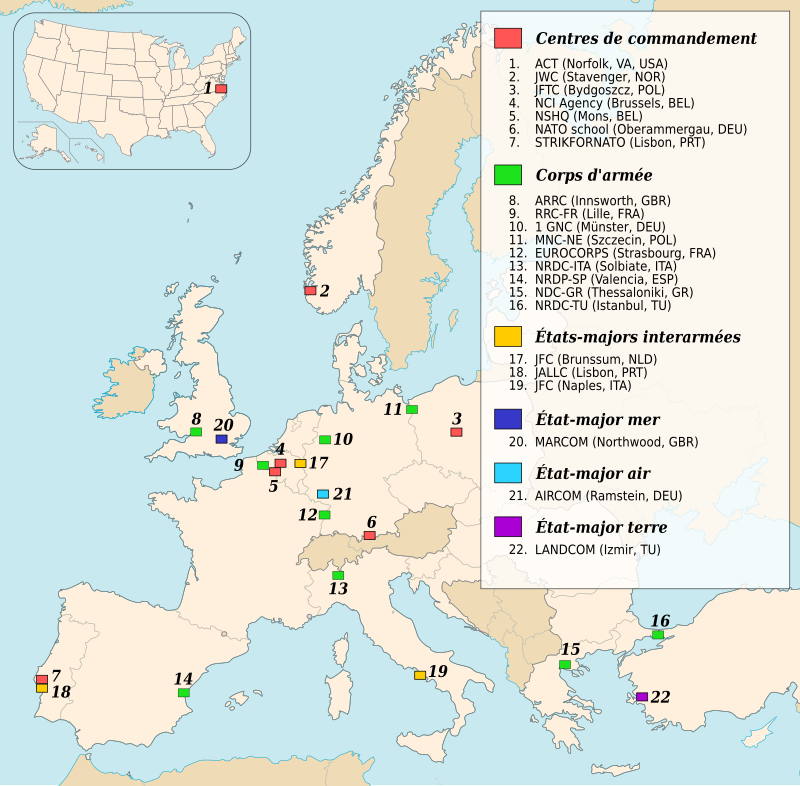Carte des principaux quartiers-généraux de l'OTAN en 2015.