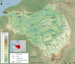 Mapa topografico d'a cuenca hidrolohica d'a Sena