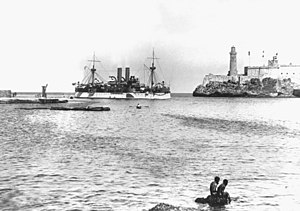 USS "Maine" entering Havana Harbor on 25 January 1898, where the ship would explode three weeks later