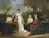 A young person hesitating to play the piano in front of her family, also known as Portrait of the Artist's Family in Front of the Chateau de Juily, Ile-de-France