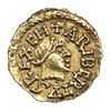 Mynt präglat under Charibert II:s tid med hans stiliserade bild på