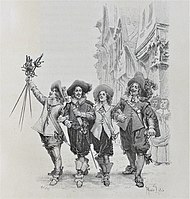 Арамис, Атос, д'Артанян и Портос (от ляво надясно) – илюстрация на Морис Лероар от 1894 г.