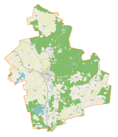 Mapa konturowa gminy Dobre Miasto, blisko centrum na lewo znajduje się punkt z opisem „Dobre Miasto”