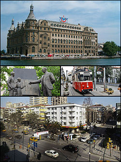 Images from Kadıköy, Top: Haydarpaşa Terminal, Middle left: Atatürk monument, Middle right: Nostalgic tramway, Bottom: City centre