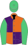 Orange and purple (quartered), emerald green sleeves and cap