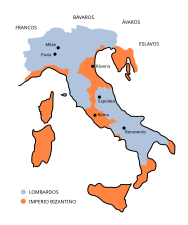 Reino lombardo hacia 575, tras la muerte de Alboíno (r. 560-572) y las conquistas de Faroaldo y Zotton en el centro y sur de la península.