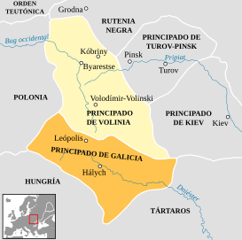 Mapa del Principado de Hálych en el siglo XIII, que formó el núcleo de lo que será Galitzia
