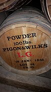 Pigon & Wilks gunpowder barrel at the Citadel Hill (Fort George) gunpowder magazine.jpg