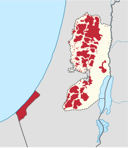 Map showing areas of Palestinian Authority control or joint control (red) as of 2006.