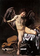 卡拉瓦乔的《爱征服一切（英语：Amor Vincit Omnia (Caravaggio)）》，156 × 113cm，约作于1601-1602年，1815年购入，来自文琴佐·朱斯蒂尼亚尼（英语：Vincenzo Giustiniani）的收藏[51]