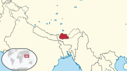 A map of east-central Asia, highlighting Bhutan