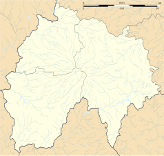 Mapa konturowa Cantal, u góry nieco na prawo znajduje się punkt z opisem „Montgreleix”