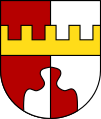 Gemeinde Walkertshofen Gespalten von Rot und Silber, über gespaltenem Dreiberg in verwechselten Farben ein durchgehender, oben gezinnter goldener Balken.