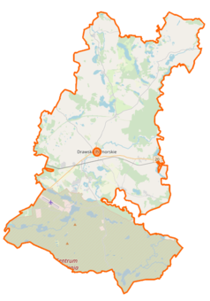 Mapa konturowa gminy Drawsko Pomorskie, w centrum znajduje się punkt z opisem „Kościół Zmartwychwstania Pańskiego w Drawsku Pomorskim”