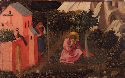 Tableau. Homme priant dans un jardin à l’extérieur d’une église.