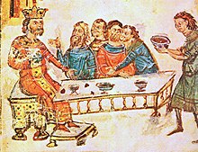 Krum feasting with his nobles after the battle of Pliska, detail from the Manasses chronicle