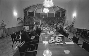 Photograph of President Gerald Ford, Soviet General Secretary Leonid Brezhnev, and Others Attending a Late Night Meeting that Extended into the Early Hours of November 24 at the Vladivostok Summit - NARA - 7161605.jpg