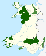 Wales National Parks and AONBs (coloured differently and labelled)