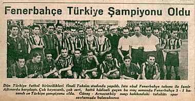 Turkish newspaper Tan announcing the Turkish championship (Türkiye Şampiyonu) title of Fenerbahçe on 9 September 1935