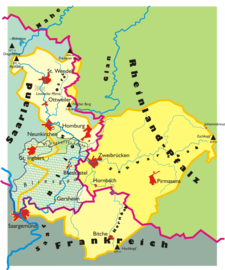 Carte représentant le bassin de la Blies. Bliesbruck est située dans le bas de la carte, à l'endroit où la rivière rentre sur le territoire français.