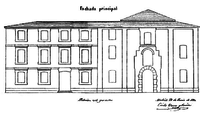 Fachada principal del antiguo Convento de Agonizantes en 1870. Plano de Cirilo Vara y Soria