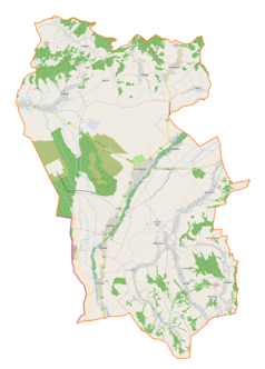 Mapa konturowa gminy Czarny Dunajec, na dole po prawej znajduje się punkt z opisem „Parafia Matki Bożej Częstochowskiej”