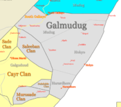 Localização de Gaalkacyo, parte em Puntlândia e parte em Galmudug