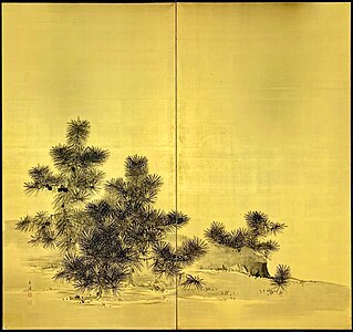 Pair of Painted Screens with Pines, ca. 1905–1910