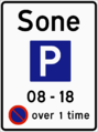 Parking zone Parking permitted until end of parking zone sign. Often with supplementary text about when the sign is valid.