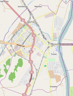 Mapa konturowa Tczewa, blisko centrum na prawo znajduje się punkt z opisem „Muzeum Wisły”