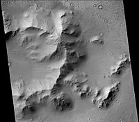 Central peaks of Burton crater, showing dark slope streaks. Note: this is an enlargement of the previous image.