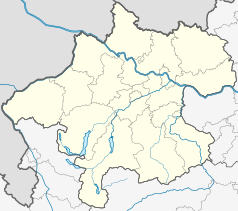 Mapa konturowa Górnej Austrii, blisko centrum na prawo u góry znajduje się punkt z opisem „Alkoven”