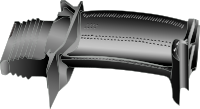 תמונת חתך של להבי שלב טורבינה, ניתן לראות את החרירים על גבי הלהבים המשמשים ליציאת אוויר עוקף הנצמד לגוף הלהב ומגן עליה מנזקי חום.
