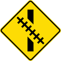 (W15-8.3/PW-60.2) Railway crossing ahead at an oblique angle