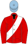 Red, white sash, light blue cap