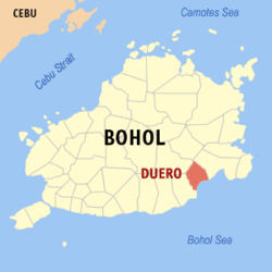 Mapa ng Bohol na nagpapakita sa lokasyon ng Duero.