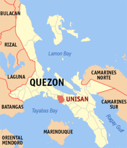 Mapa de Quezon con Unisan resaltado