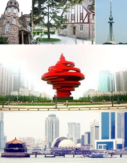 Clockwise frae tap left: A Stone biggin in Ba Da Guan, A hoose in the auld section o Qingdao, Qingdao TV Touer, Qingdao skyline an Zhan Qiao Pier, 4 Mey Square