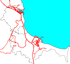 Mapa konturowa Trójmiasta, blisko centrum na lewo znajduje się punkt z opisem „Sopot Kamienny Potok”