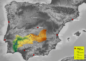 Kaart van die Guadiana-bekken op die Iberiese Skiereiland.