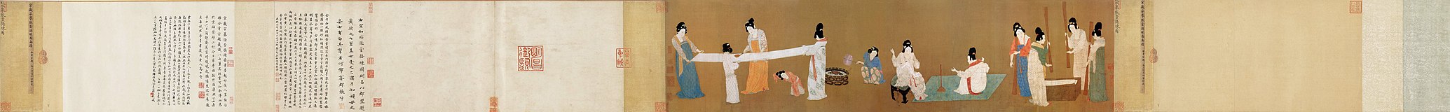 Hofdames verwerken pasgeweven zijde (vroeg 12e eeuw) door Song Huizong, naar het origineel van Zhang Xuan[4]