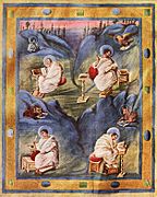 Evangelario de Lorsch, folio 67v: los cuatro evangelistas (escuela del Palacio de Aquisgrán, ca. 820).[34]​ Véase también Evangeliario de Aquisgrán.[35]​