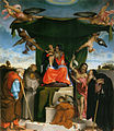 Preso sobre a Virgem por anjos, em retábulo de Lorenzo Lotto