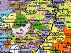 Графството Саарбрюкен (ляво, жълто) през 1400 г.