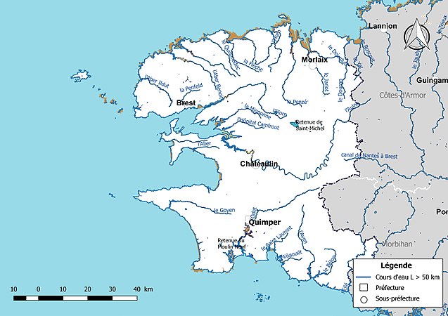 Carte des cours d'eau de longueur supérieure à 50 km du Finistère.