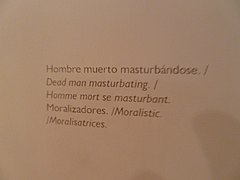 Dead Man Masturbating - sign at erotic exhibit - Museo Arqueológico Rafael Larco Herrera - Lima Peru (4869270123).jpg