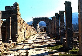 Cardo maximus : à gauche, dans le mur, entrée de la prison.