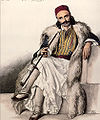 Vasilis Goudas, adjutant of Markos Botsaris. A hand-coloured lithograph by Louis Dupré in his travel book, Voyage à Athènes et à Constantinople, 1820s.