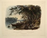 Encampment of the travellers on the Missouri. Maximilian is likely the man on the right in blue smoking a pipe. Aquatint illustration by Karl Bodmer from Maximilian Prince of Wied’s Travels in the Interior of North America, during the years 1832–1834.
